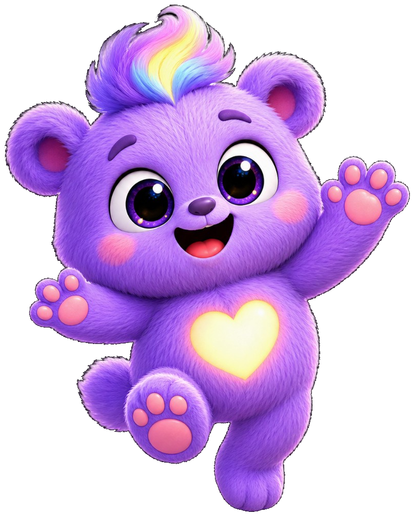 Lumi, a fluffy purple WonderBeat waving with a glowing heart