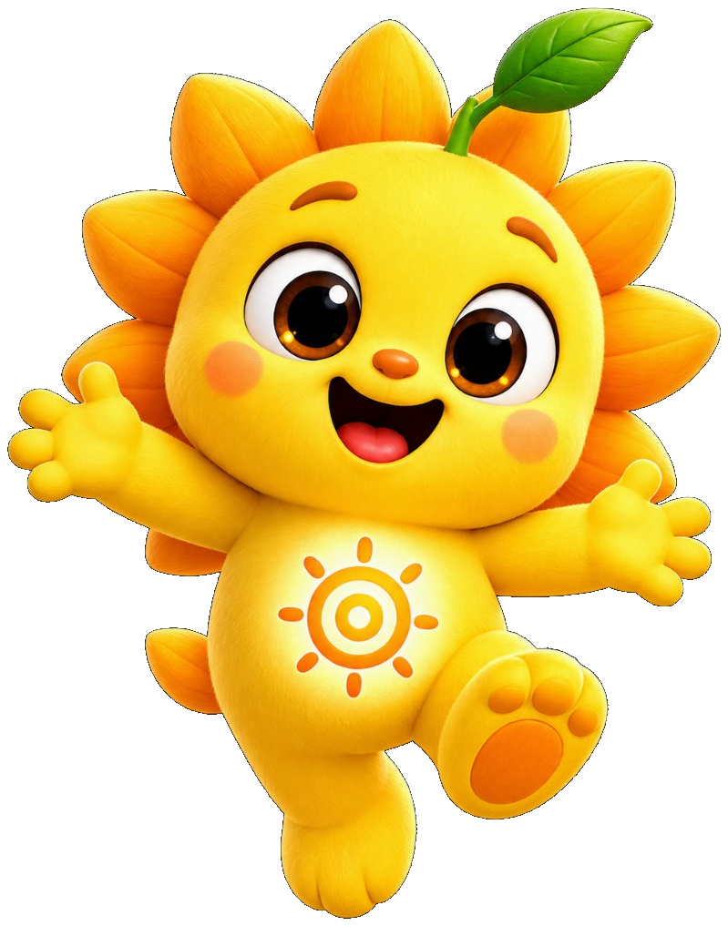 Suno jumping with arms wide and a glowing sun emblem