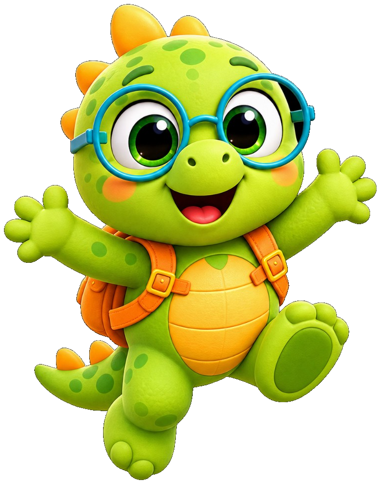 Zippy jumping with arms wide, blue glasses, and an orange backpack